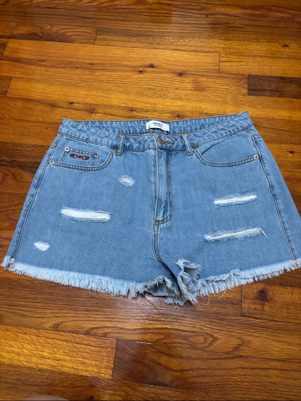 Forever 21 Light Blue Distressed Embroidered Jean Shorts